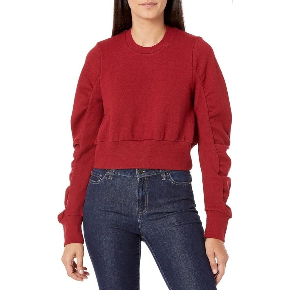 C/MEO Collective Melodrama Ruched Cropped Crewneck Sweater in Ruby Red